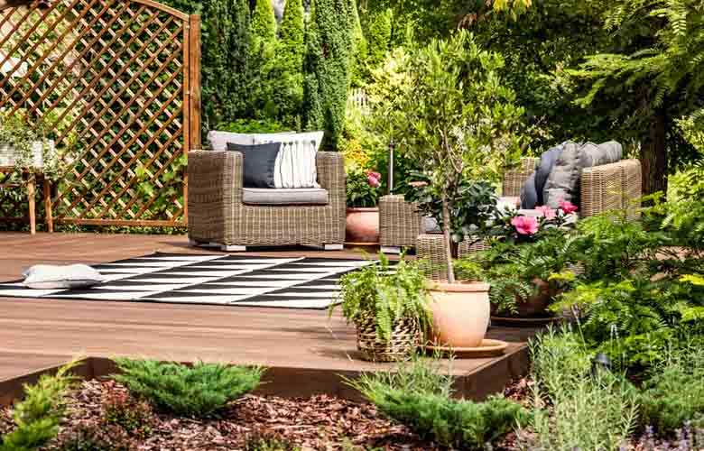 Decking with inviting outside furniture.