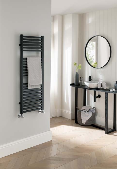 Bathroom towel rail, matt black stylish radiator. Industrial style bathroom design. 